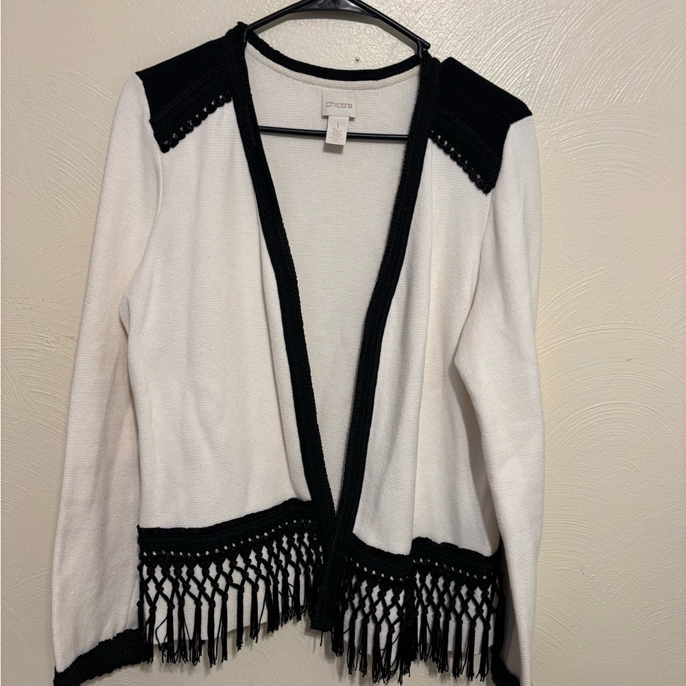 Chico’s Black & White Boho Fringe Open Cardigan Sweater Size 1 (M)